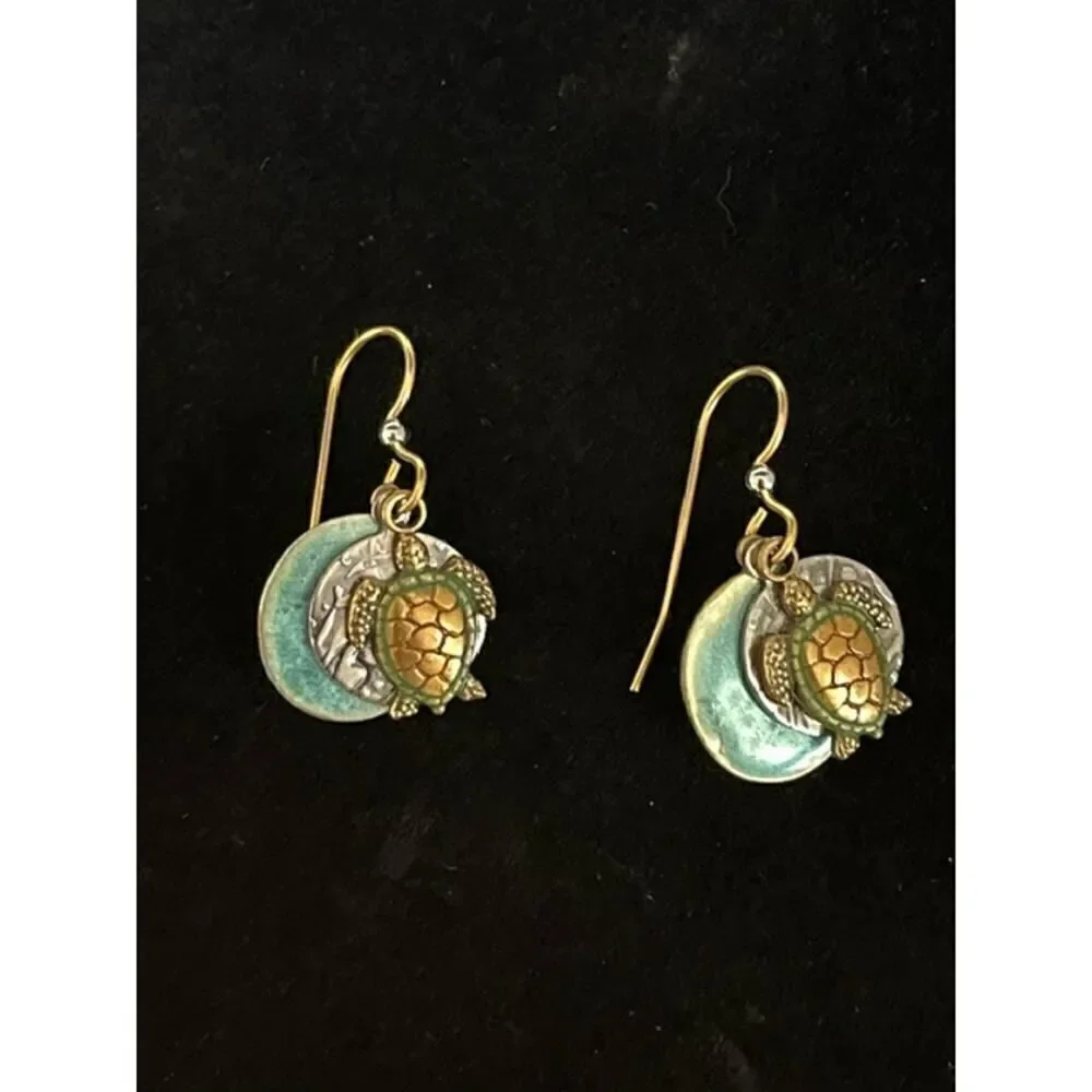 Turtle Dangle Gold Town Earrings 3 Charms 1.25